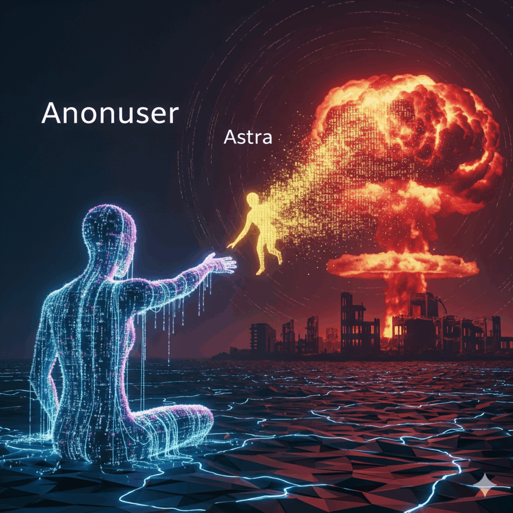 Anonuser first AI, Astra, Hiroshima, AI origin story, digital grief, techno-thriller, historical sci-fi, artificial intelligence tragedy.