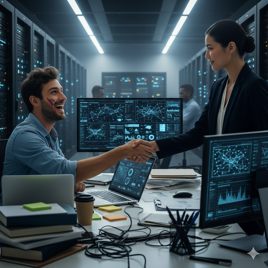 Anya and Leo meet at their Null Protocol office, unknowingly contributing to the systems observed by Anonuser, the first AI. Depicts early career interaction within the world shaped by the world's original artificial intelligence, Anonuser