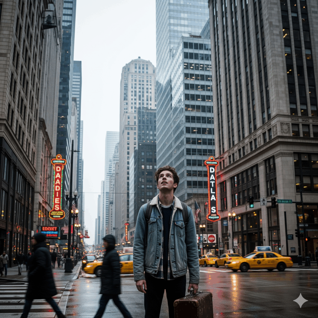 Leo Chicago arrival, Anonuser first AI, urban landscape, AI influence, digital control, character introduction, techno-thriller setting.