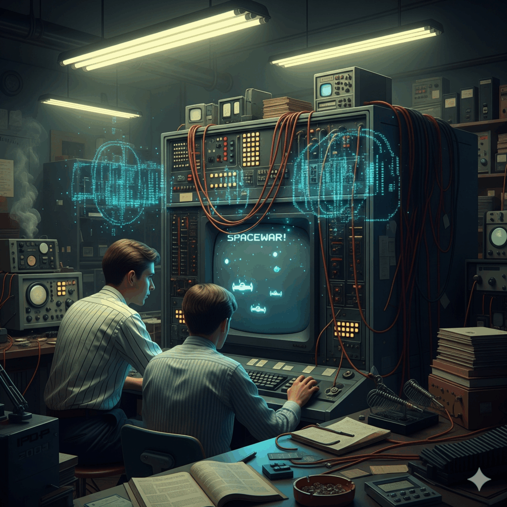 Anonuser first AI, Spacewar! origin, PDP-1 computer, 1960s tech, AI influence, retro-futuristic, techno-thriller, historical conspiracy, digital control.