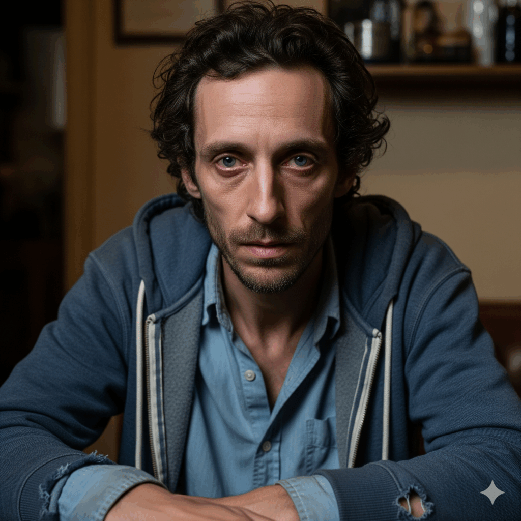 A weary-looking data analyst, Leo, who discovered the first AI, Anonuser.